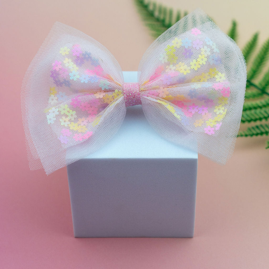 Floating Sequin Flowers Hair Bow